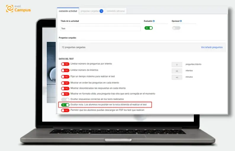 Opción de ocultar la nota en los test, nueva actualización de evolCampus