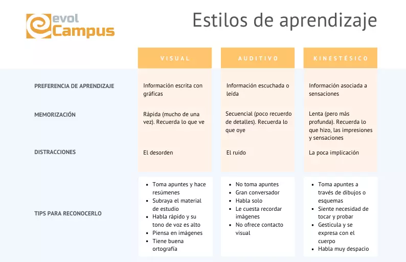 Tabla de los distintos estilos de aprendizaje