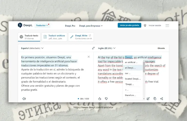 DeepL, IA para corregir textos y traducirlos